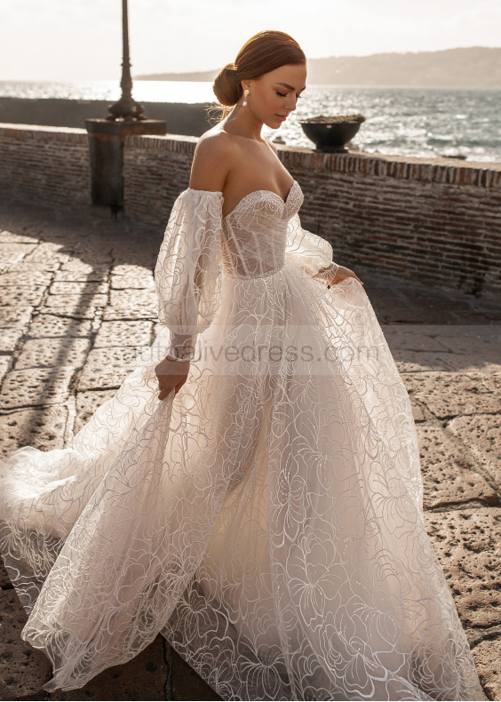 Strapless Beaded Lace Tulle Wedding Dress With Removable Sleeves Strapless Beaded Lace Tulle Wedding Dress With Removable Sleeves